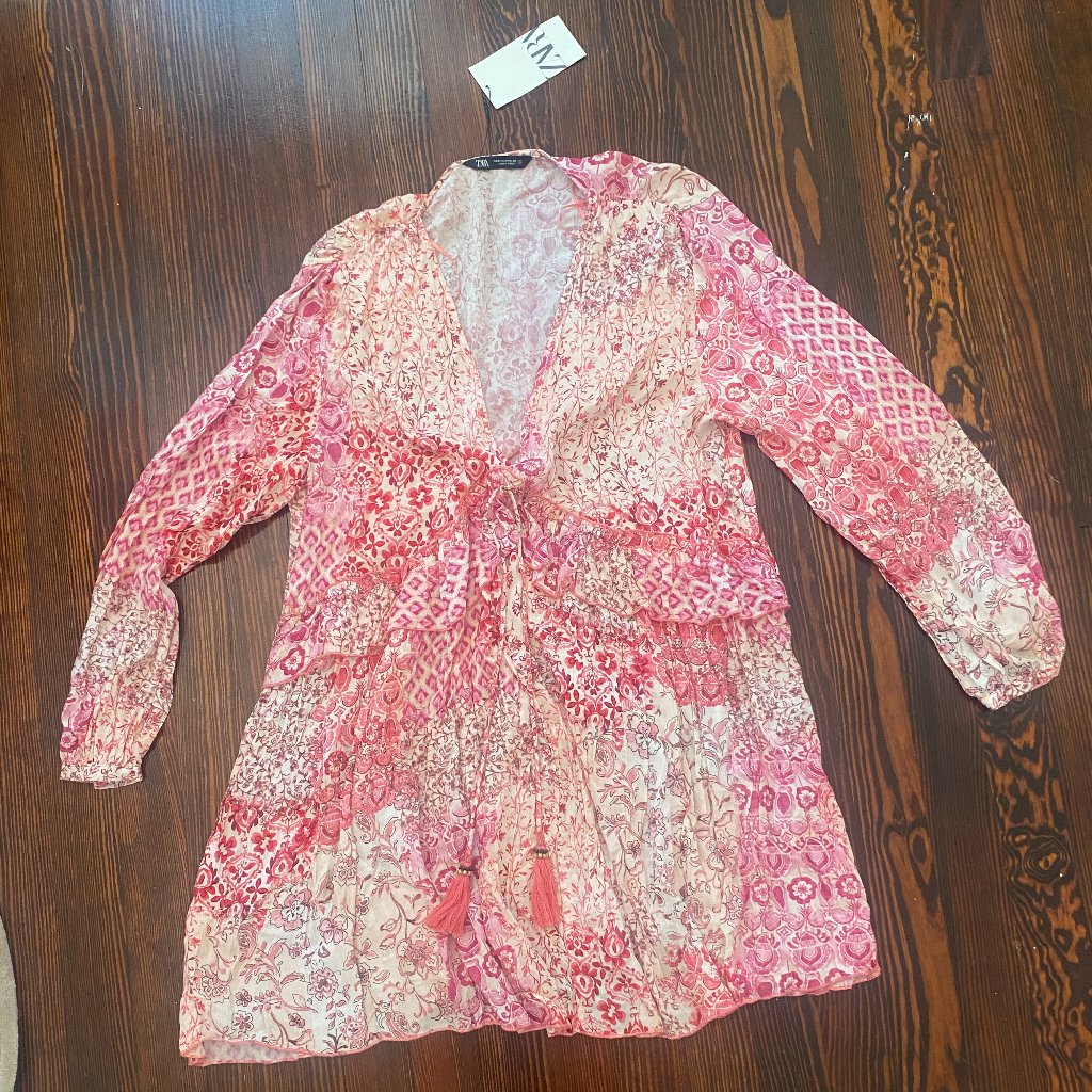 Nwt Zara Dress Size Medium Pink Floral Paisley Satin Boho Short Mini